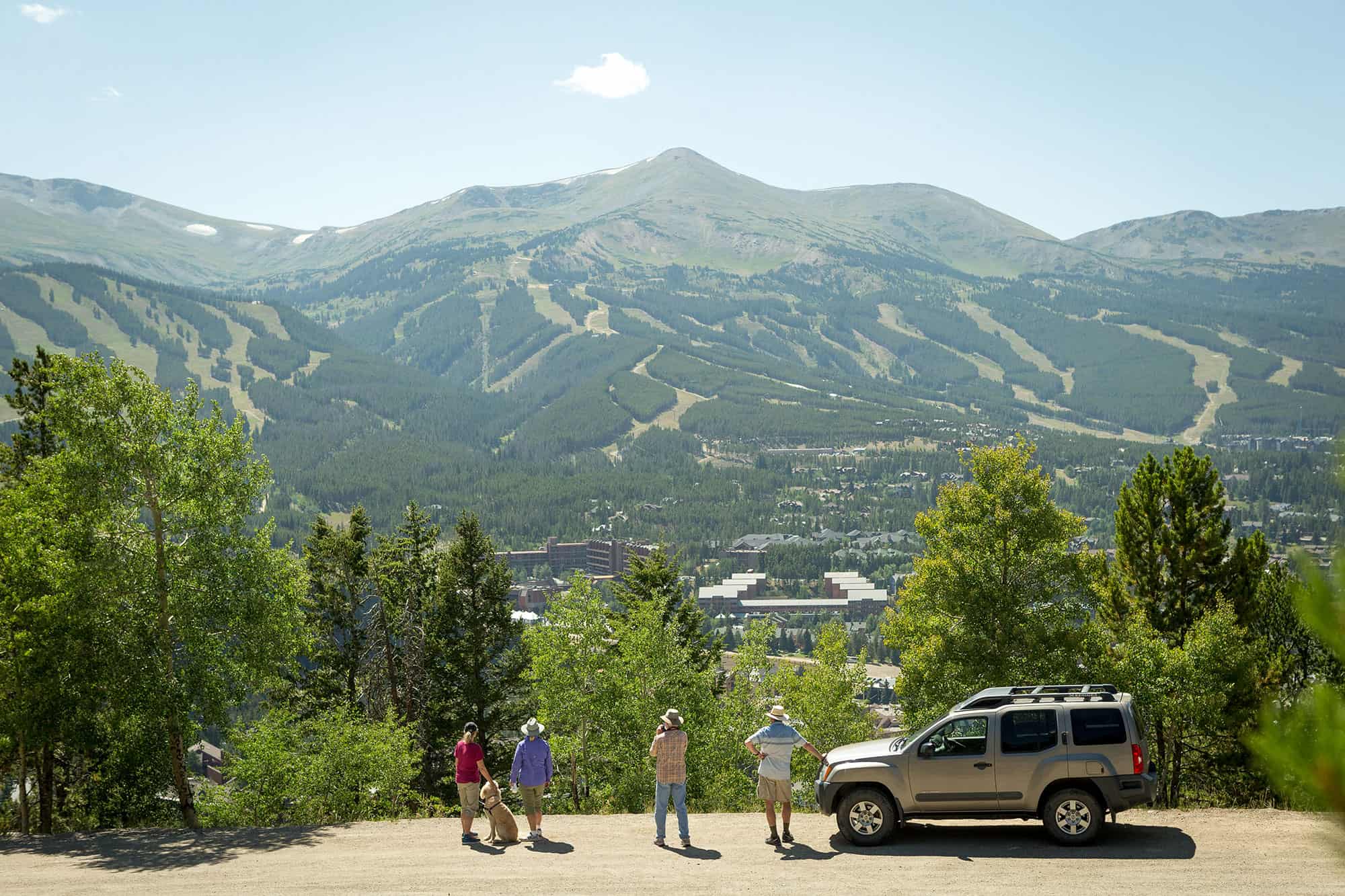 A group of people on Boreas Pass in the summer with Breckenridge Ski Resort in the Background