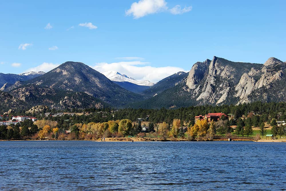 Colorado lake with fall trees and a mountain in the background