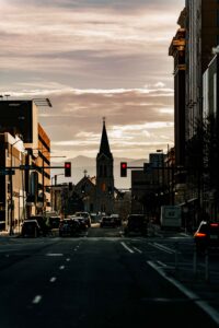 Denver street with church in background