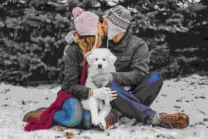 couple with dog in mountains