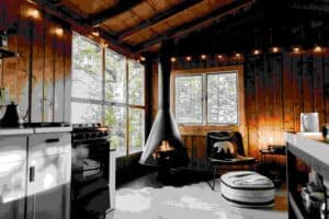 cozy fire and interior of cabin